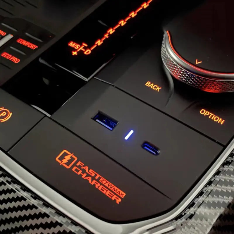 Aftermarket Carbon Fiber F90 / G87 Usb Center Console Charger Insert – Fits BMW G01, G02, G03, G05, G06, G20, G22, G30, G42, G60, G80, G82, G87